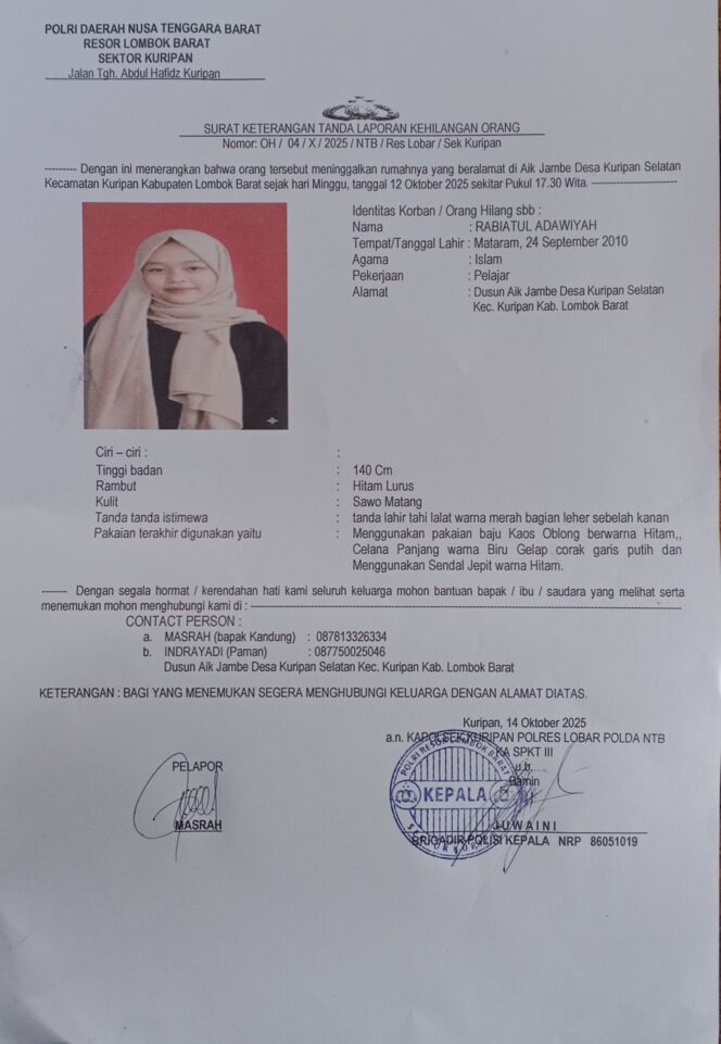 
 Siswi SMP di Kuripan Lombok Barat, Hilang Usai Pamit Beli Voucher di sekitaran rumahnya